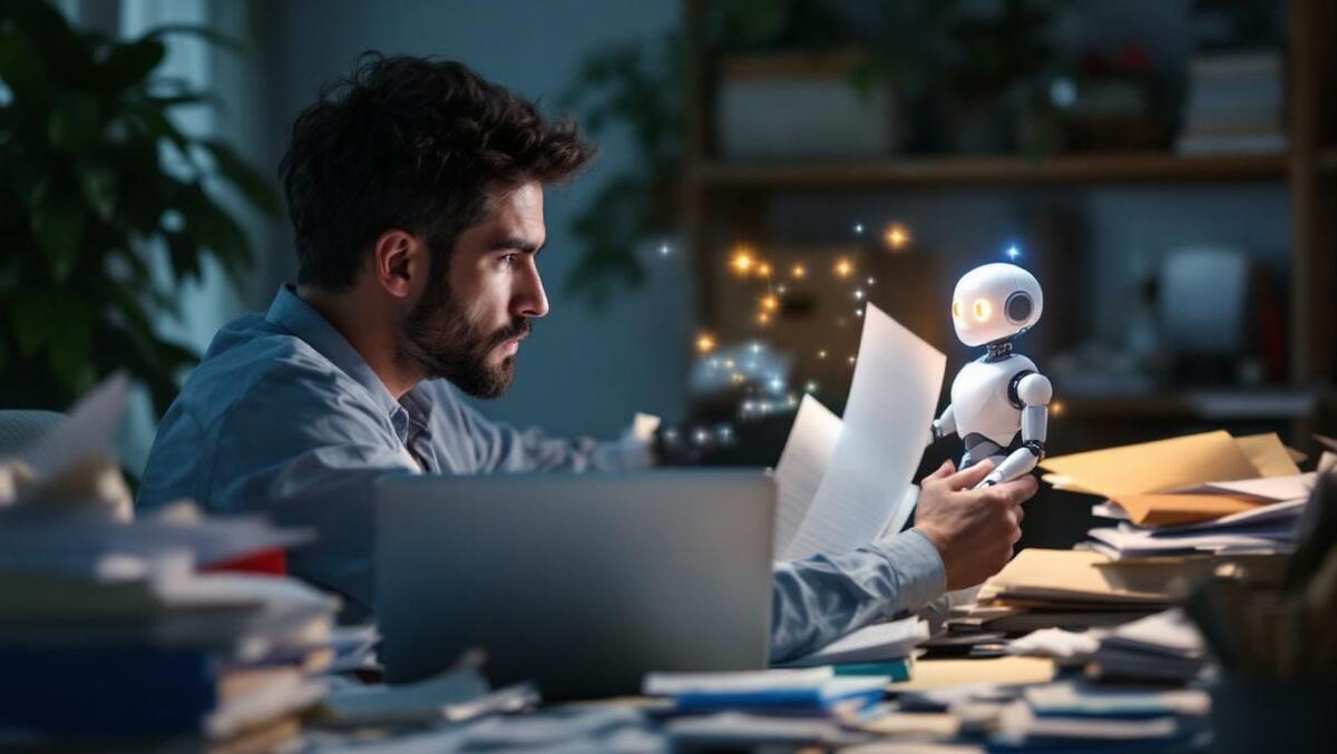 compatible anxious australian person surrounded by paperwork with robot assistant hologram at home o